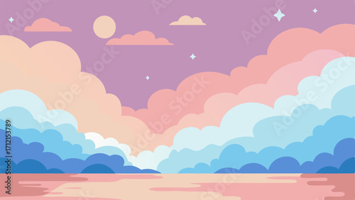 A dreamy mural of a pastelcolored sky and clouds on one wall.