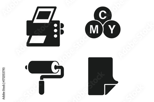 Printing industry solid icon set. Print shop equipment glyphs. Offset press machine, cmyk color model, ink roller and paper sheet. Polygraphy and typography symbols.