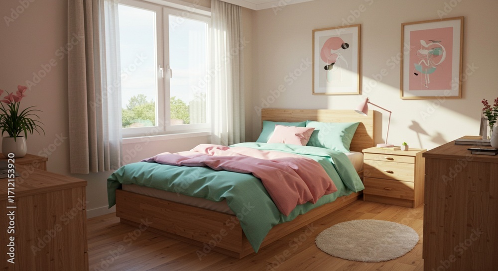 Fototapeta premium Contemporary Bedroom Design with Abstract Art