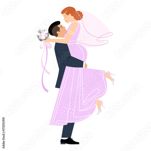 happy groom hugs and lifts the bride in her wedding attire with a bouquet. beautiful couple of newlyweds with a bouquet of flowers. flat pattern, delicate colors. stock vector illustration. EPS 10.
