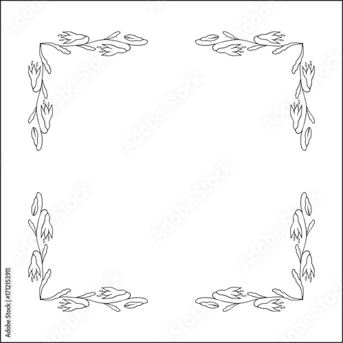 Black and white vegetal ornamental frame with bluebells leaves and flowers, decorative border, corners for greeting cards, banners, business cards, invitations, menus. Isolated vector illustration.	