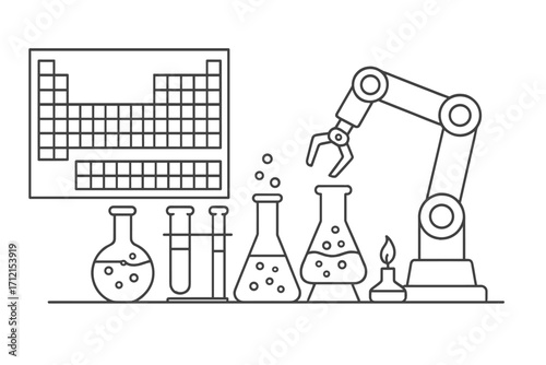 Science lab equipment vector set with periodic table, robotic arm, chemical flasks, test tubes, Bunsen burner, and experiment tools in linear style, scientific illustration