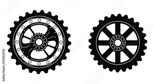 Detailed black and white illustration of two mechanical gears isolated on white