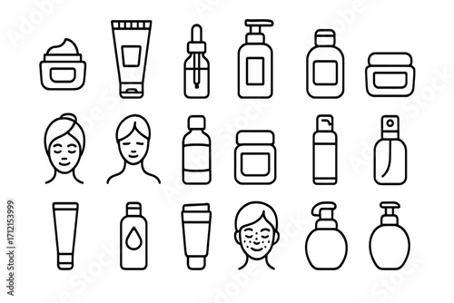 Skin care beauty outline icon set with creams bottles and cosmetic containers, vector cartoon illustration, transparent background, ordered collection for spa and wellness design
