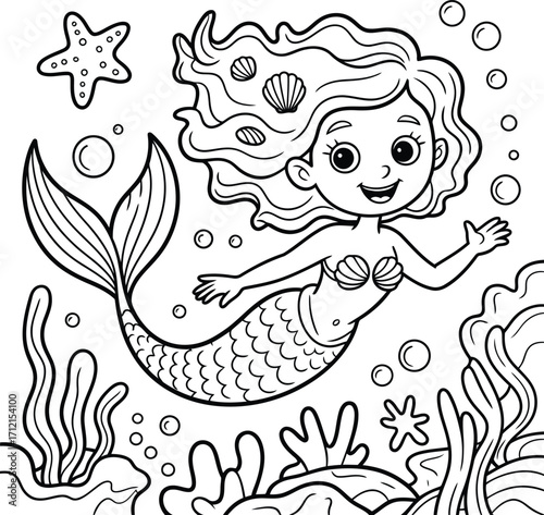 Whimsical cartoon mermaid with flowing hair and a smiling face swims joyfully underwater surrounded by seashells starfish and seaweed