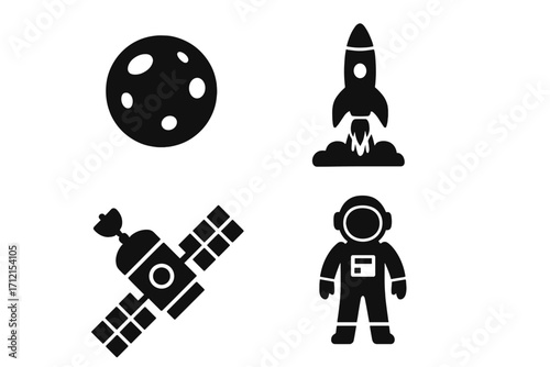 Space rocket launch silhouette icon set, moon, satellite, astronaut, astronomy symbols, space exploration vector cartoon illustration, transparent background, ordered set