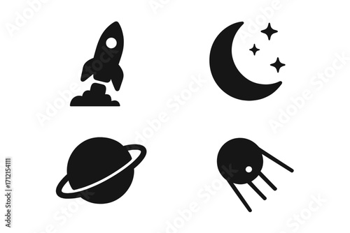 Space rocket launch silhouette icon set, astronomy and exploration symbols, vector cartoon illustration with transparent background, planets, moon, stars, satellite, cosmic icons