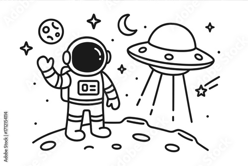 Space adventure astronaut with UFO flying saucer in linear style, extraterrestrial cartoon scene, stars, moon, and planets, vector illustration for children and science fiction themes