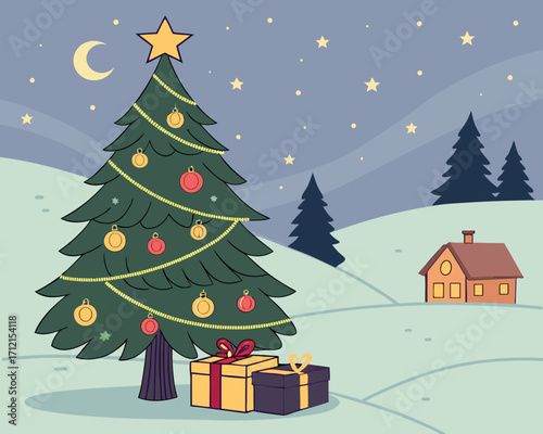 A festive Christmas vector background with a decorated pine tree full of baubles, glowing string lights, wrapped gift boxes, golden stars, and a snow-covered landscape with cozy houses