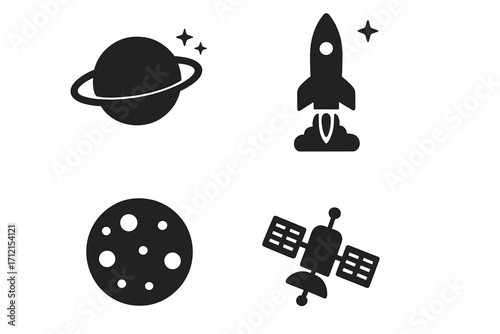 Space and Rocket Launch Silhouette Icon Set, Astronomy and Exploration Symbols, Vector Cartoon Illustration with Transparent Background, Orderly Spacecraft and Celestial Bodies Graphics