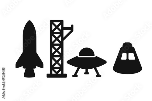 Space exploration silhouette icons set with rocket, launchpad, spacecraft, and UFO vector cartoon illustrations, transparent background, ordered silhouette collection for design