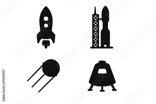 Space exploration silhouette icon set with rocket, launchpad, spacecraft, satellite, lunar module, vector cartoon illustration, transparent background, ordered set 3