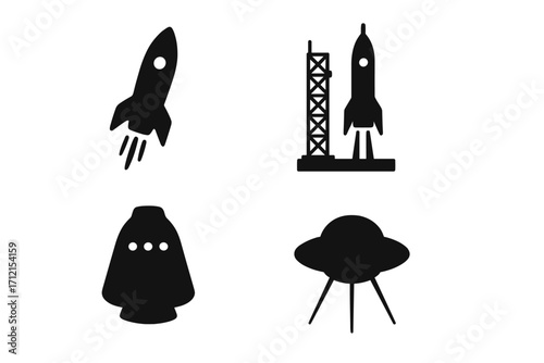 Space exploration silhouette icon set with rocket launch, launch pad, spacecraft, and UFO vector cartoon illustration transparent background ordered collection