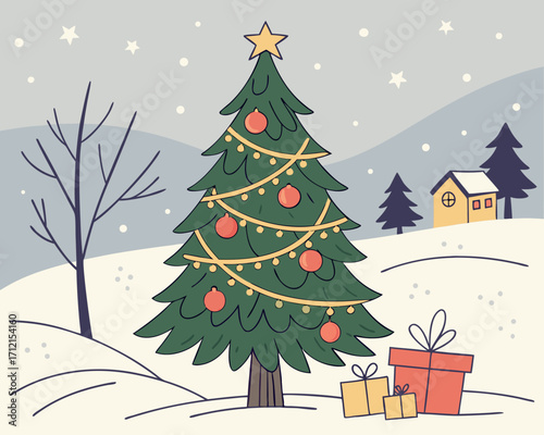 A festive Christmas vector background with a decorated pine tree full of baubles, glowing string lights, wrapped gift boxes, golden stars, and a snow-covered landscape with cozy houses