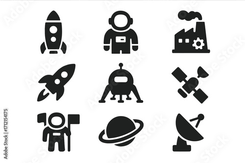 Space exploration silhouette icon set with rocket, shuttle, astronaut, planet, satellite, moon lander, space flag, radar, and industrial factory vector cartoon illustration transparent background