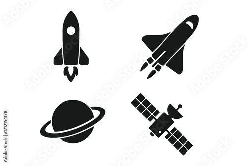 Space exploration silhouette icon set with rocket, shuttle, planet with rings, satellite flat vector symbols, astronomy, cosmos, space mission, technology icons