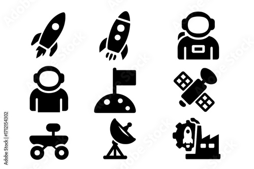 Space exploration icon set with rockets, astronauts, satellite, rover, moon flag, satellite dish, and space industry symbols, vector solid black cartoon illustration, transparent background