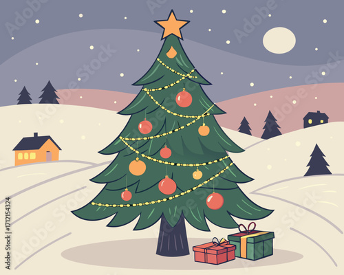 A festive Christmas vector background with a decorated pine tree full of baubles, glowing string lights, wrapped gift boxes, golden stars, and a snow-covered landscape with cozy houses