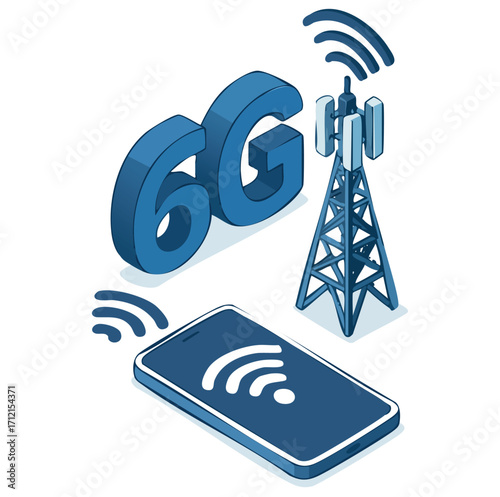 6G communication tower for wireless hi-speed internet. Mobile network technology in city life concept. 