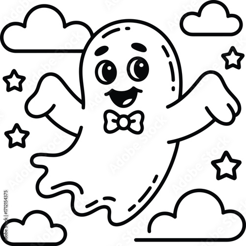 Cute cartoon ghost with a bow tie floating happily among stars and clouds on a clear night
