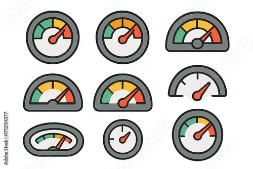 Vehicle speedometer and gauge filled icon set, dashboard meters collection, vector cartoon illustration, transparent background, automotive instrument panel design