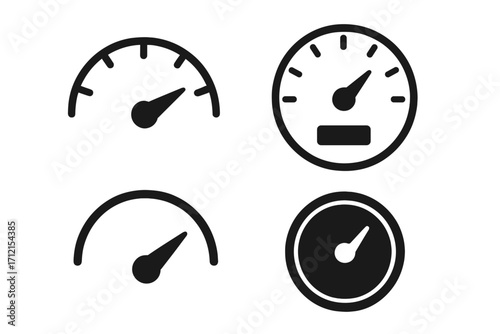 Speedometer and gauge icon set, vehicle dashboard silhouette vector collection, cartoon style, transparent background, automotive instrument panel symbols, speed and performance indicators