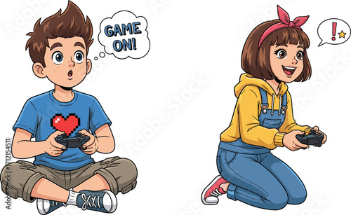 Children playing video games, cartoon kids illustration, gaming fun, console play, childhood joy, friendship, excited boy, happy girl, digital entertainment, fun activity