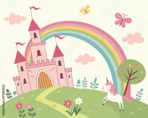 A cute children illustration of a magical fairytale castle on a hill with pastel turrets, a rainbow arching across the sky, fluffy clouds, a unicorn grazing nearby, and butterflies