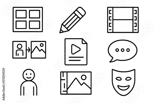 Storyboard icon set for visual storytelling and animation, linear style vector cartoon illustration with transparent background, comic panels, video editing, character design, and dialogue symbols