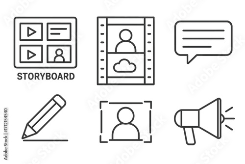 Storyboard icon set with visual storytelling linear icons for animation, comics, video production, film editing, content creation, cartoon vector illustration transparent background