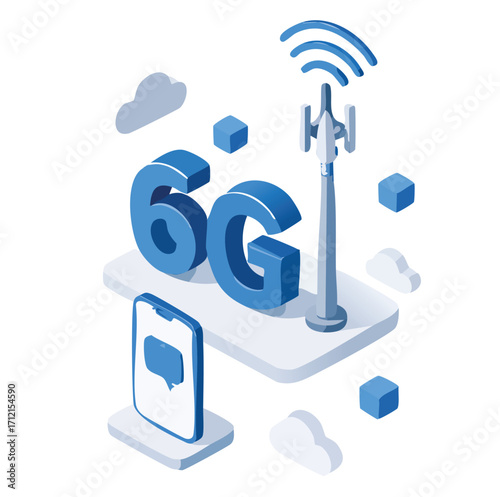 6G communication tower for wireless hi-speed internet. Mobile network technology in city life concept. 
