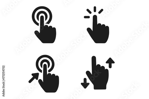 User interface solid icon set with touch and click symbols, vector cartoon illustration for UI design, finger tap, swipe gestures, and digital interaction icons on transparent background