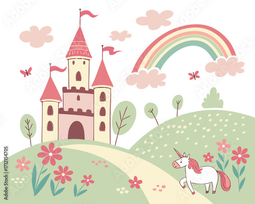 A cute children illustration of a magical fairytale castle on a hill with pastel turrets, a rainbow arching across the sky, fluffy clouds, a unicorn grazing nearby, and butterflies