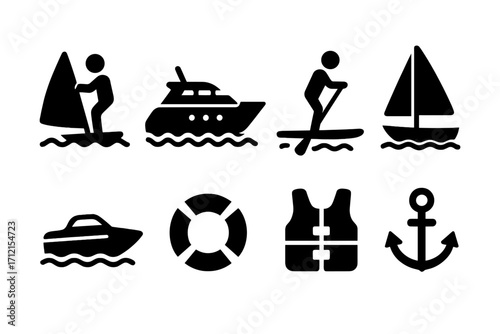 Water sports and cruising solid icon set with nautical leisure symbols, including sailboat, speedboat, paddleboarding, life vest, anchor, and lifebuoy, vector cartoon illustration
