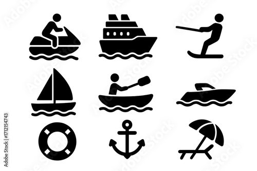 Water sports and cruising solid icon set, nautical leisure symbols collection, vector cartoon illustration with transparent background, boating, sailing, kayaking, beach relaxation