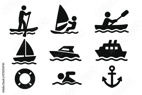 Water sports and cruising solid icon set with nautical leisure symbols, sailboat, kayak, swimmer, anchor, life ring, paddleboard and motorboat vector collection in black silhouette style