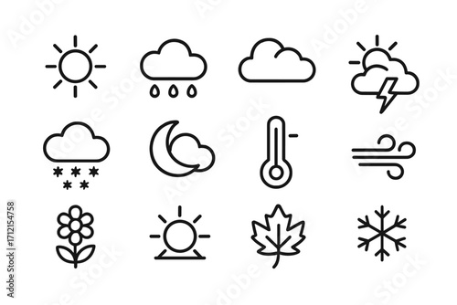 Weather and seasons outline icon set, nature climate symbols collection, vector cartoon illustration with transparent background, sun, cloud, rain, snow, leaf, flower, wind, thunderstorm icons
