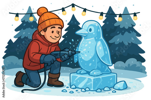 Winter scene with ice sculptor crafting a detailed penguin ice sculpture under festive string lights, cozy cartoon illustration with snow-covered pine trees, cold weather art