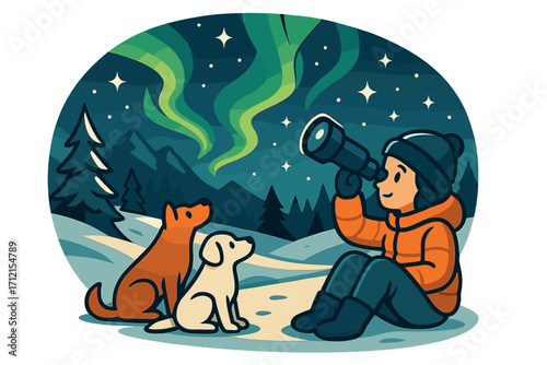 Winter stargazing adventure with dogs under northern lights in snowy mountain landscape, vector cartoon illustration of cozy outdoor night sky exploration with pets