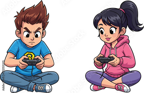 Children playing video games, cartoon kids illustration, gaming fun, console play, childhood joy, friendship, excited boy, cheerful girl, digital entertainment, fun activity
