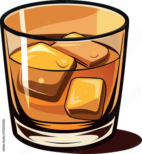 Alcoholic Drink Glass with Whiskey and Ice Cubes Vector Illustration