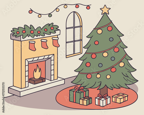 Christmas living room interior with a decorated tree full of baubles and garlands, a fireplace with stockings hanging, wrapped gift boxes on the floor, and a warm glow of candles and fairy lights.