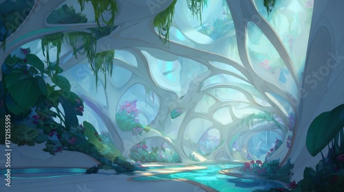 Fototapeta Naklejka Na Ścianę i Meble -  The organic, flowing interior of a futuristic space station with bioluminescent plants.