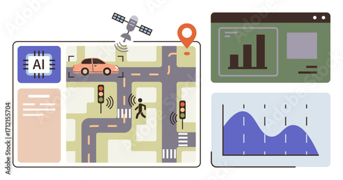 AI-powered navigation controls traffic lights, monitors vehicles and pedestrians, analyzes data charts, and ensures safety. Ideal for technology, traffic management, AI development, data analytics
