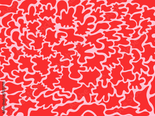Abstract 70s Liquid Shape banner Background with Dynamic Doodles. Trendy Vector Illustration in Retro Style. Pink and Red colors