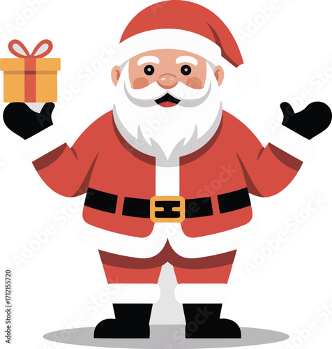 Cheerful cartoon santa claus holding a gift box with open arms ready for christmas celebrations and holiday greetings
