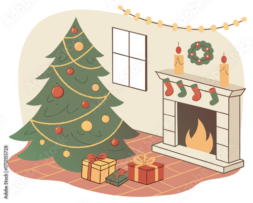 Christmas living room interior with a decorated tree full of baubles and garlands, a fireplace with stockings hanging, wrapped gift boxes on the floor, and a warm glow of candles and fairy lights.
