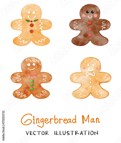 Watercolor Christmas Gingerbread Cookies. Vector collection.