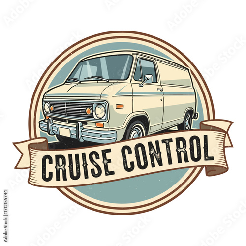 A retro-style illustration of a classic American panel van inside a circular emblem with a 'Cruise Control' banner.