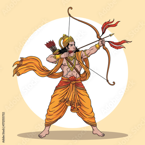 Vector Illustration of Lord Hanuman Aiming Bow and Arrow in Mythological Warrior Pose